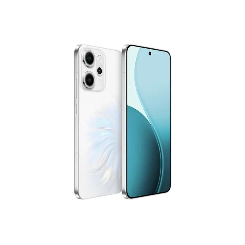 Oppo Reno14 Pro 5G blanco con pantalla de 6.83 pulgadas, doble cámara trasera grande, frontal perforada centrada, bordes rectos y acabado nacarado brillante