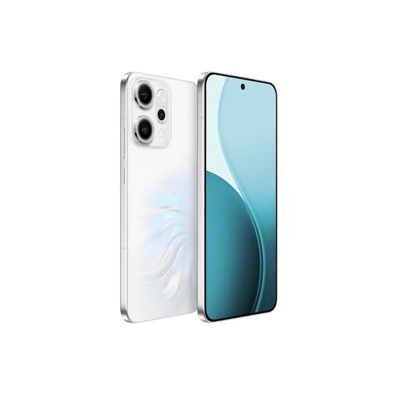 Oppo Reno14 Pro 5G blanco con pantalla de 6.83 pulgadas, doble cámara trasera grande, frontal perforada centrada, bordes rectos y acabado nacarado brillante
