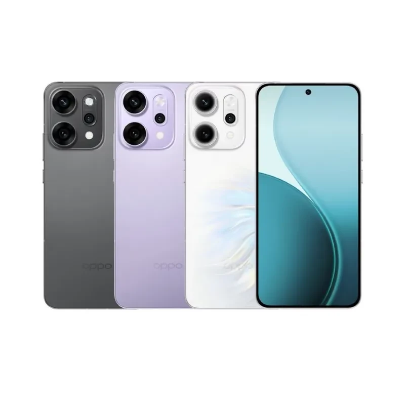 Oppo Reno14 Pro 5G blanco con pantalla amplia casi sin bordes, cámara trasera triple con módulos grandes y acabado brillante junto a variantes gris y lila