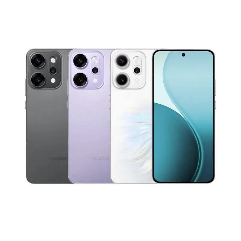 Oppo Reno14 Pro 5G blanco con pantalla amplia casi sin bordes, cámara trasera triple con módulos grandes y acabado brillante junto a variantes gris y lila