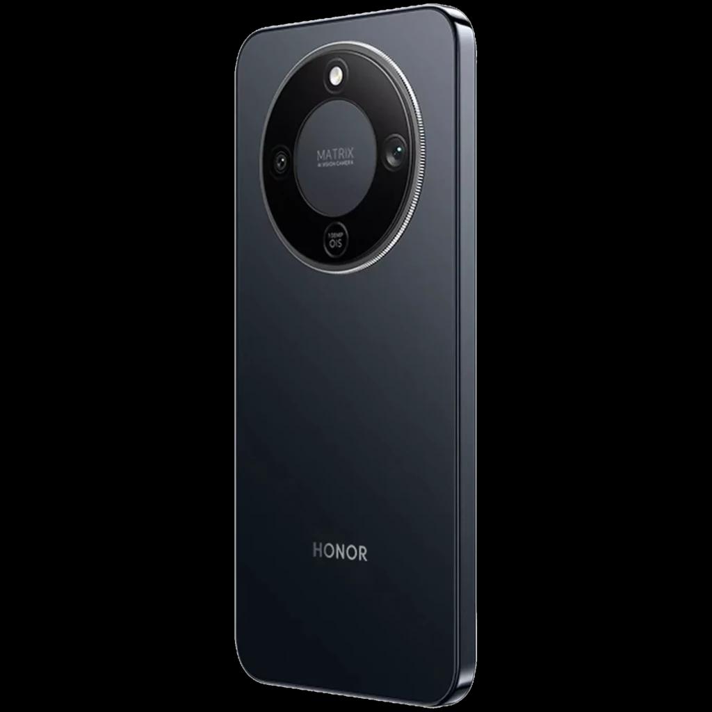 Honor Magic8 Lite 5G negro con módulo de cámara circular dual y flash, acabado metálico, bordes planos y botones laterales de volumen y encendido