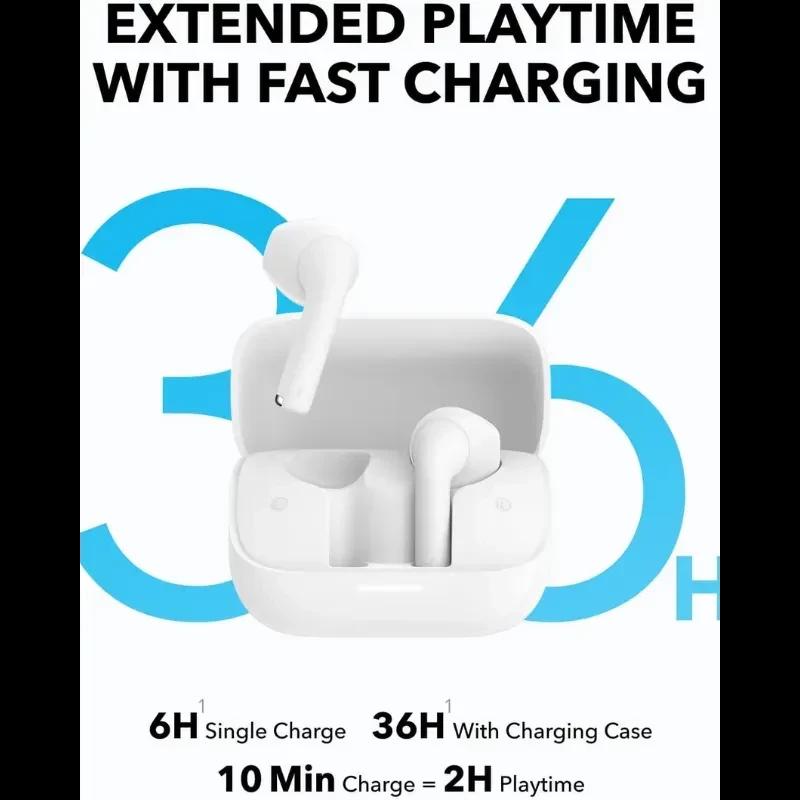 Soundcore K20i Noir – écouteurs semi intra-auriculaires noirs avec boîtier blanc, tiges fines, design épuré, indicateur LED, format compact pour