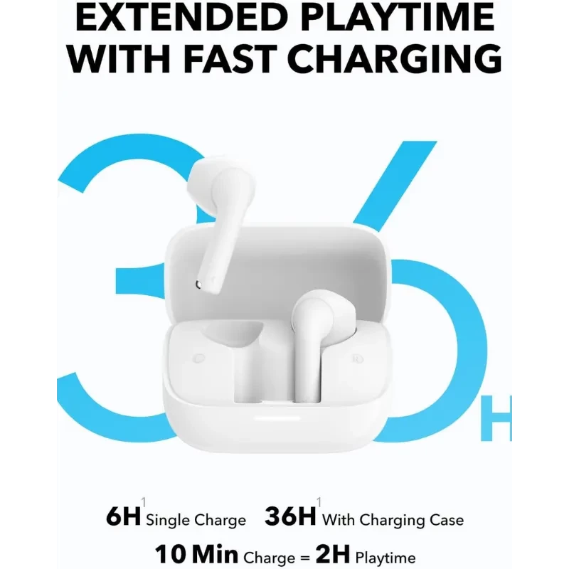 Soundcore K20i Blanc, écouteurs semi intra-auriculaires Bluetooth avec boîtier de charge blanc, design épuré, tiges allongées, LED discrète, format