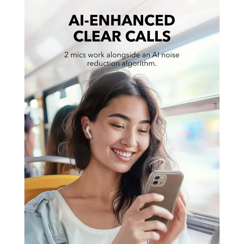 Soundcore K20i Blanc, écouteurs semi intra Bluetooth sans fil. Finition blanche élégante, tiges courtes, design léger, micro double pour appels clairs.