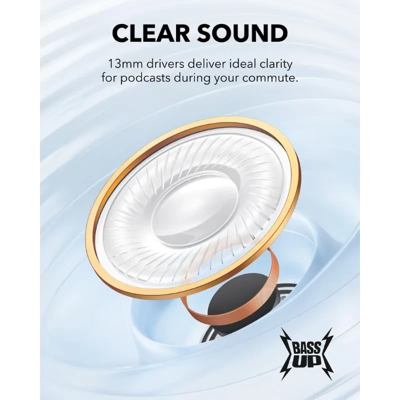 Soundcore K20i Blanc avec transducteurs 13 mm, diaphragme circulaire doré et technologie BassUp, conçu pour une clarté audio nette en déplacement