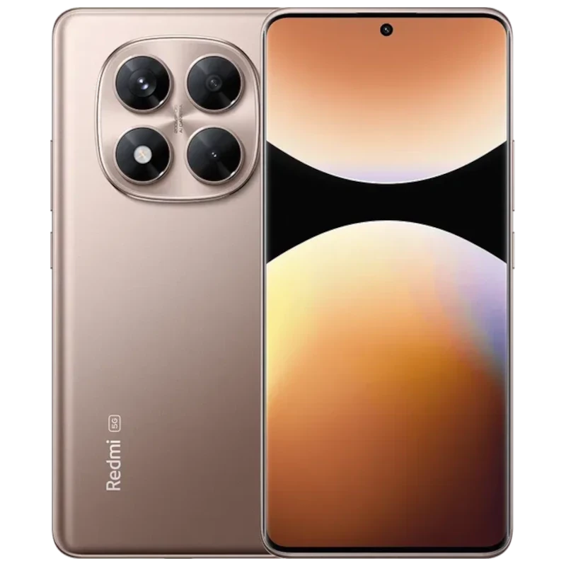 Xiaomi Redmi Note 14 Pro 5G dorado con pantalla 1.5K casi sin bordes y perforación central, módulo trasero con 4 lentes grandes y acabado metálico elegante