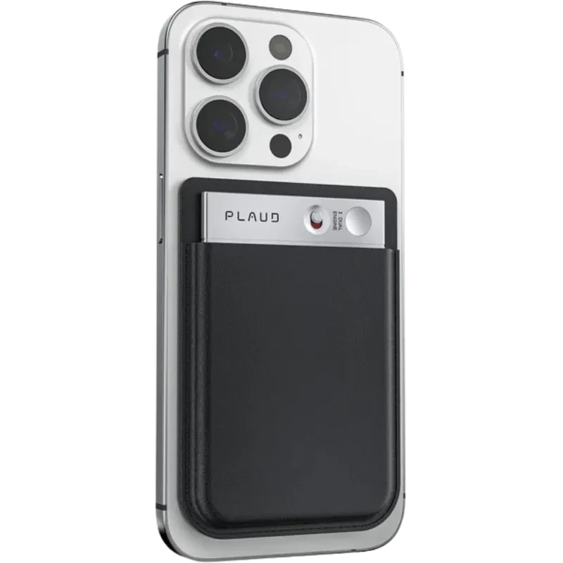 Plaud Note Pro 64GB Plata, módulo compacto negro y plata con botón y luz LED, acoplado al móvil; grabadora de voz con IA de acabado premium y minimalista