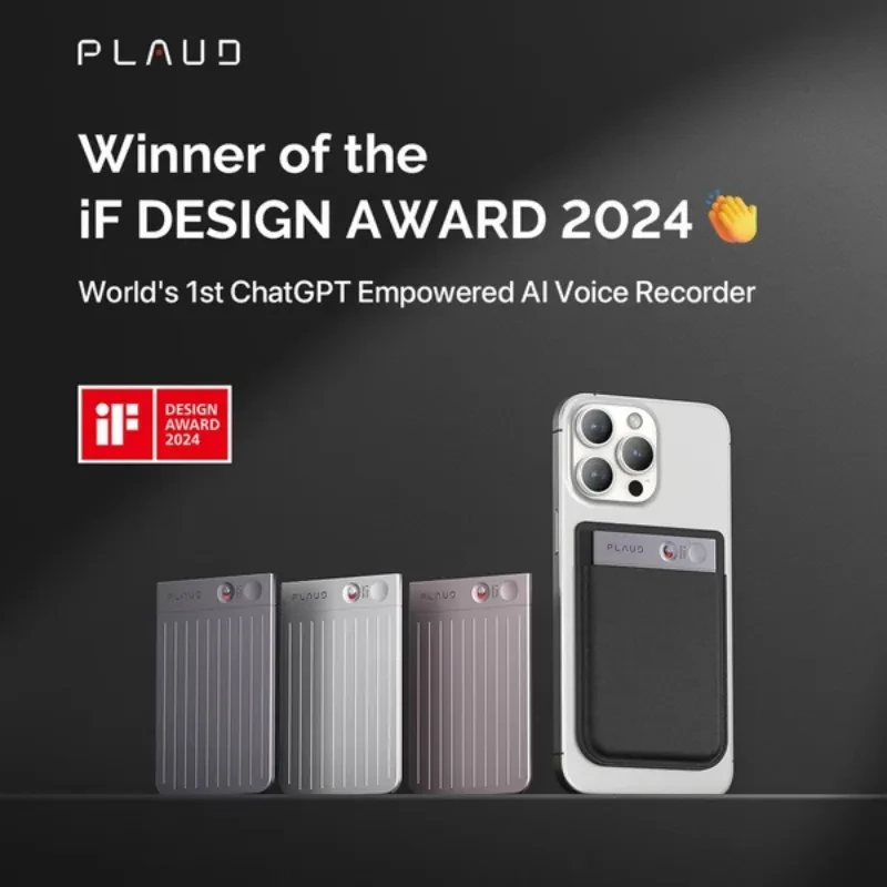 Plaud Note Pro 64GB Plata, módulo magnético para iPhone con acabado metálico estriado, botón rojo y LED; compacto, elegante y premiado por diseño 2024