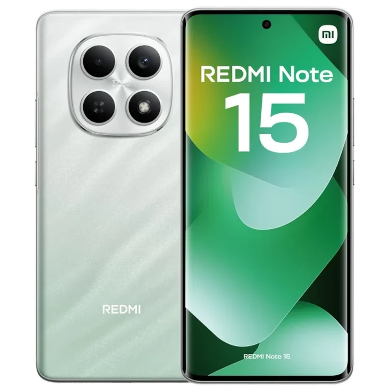 Xiaomi Redmi Note 15 4G verde con pantalla OLED FullHD+, frontal perforado, marcos delgados y módulo trasero de 4 cámaras en diseño brillante y curvo