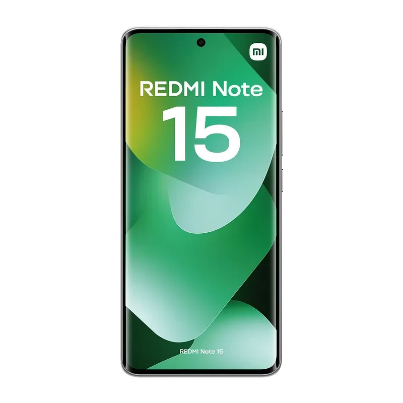 Pantalla OLED FullHD+ con biseles delgados, cámara frontal en agujero centrado, bordes curvos y diseño verde con texto Redmi Note 15 en la pantalla