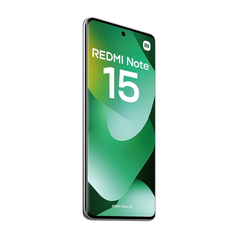 Xiaomi Redmi Note 15 4G verde con pantalla OLED FullHD+ casi sin bordes, cámara frontal en orificio central y diseño delgado moderno
