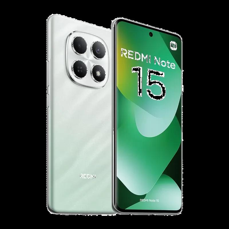 Xiaomi Redmi Note 15 4G verde com traseira texturizada, módulo de câmaras quádruplo 108 MP, ecrã FullHD+ com furo central e 6 GB de RAM, 128 GB