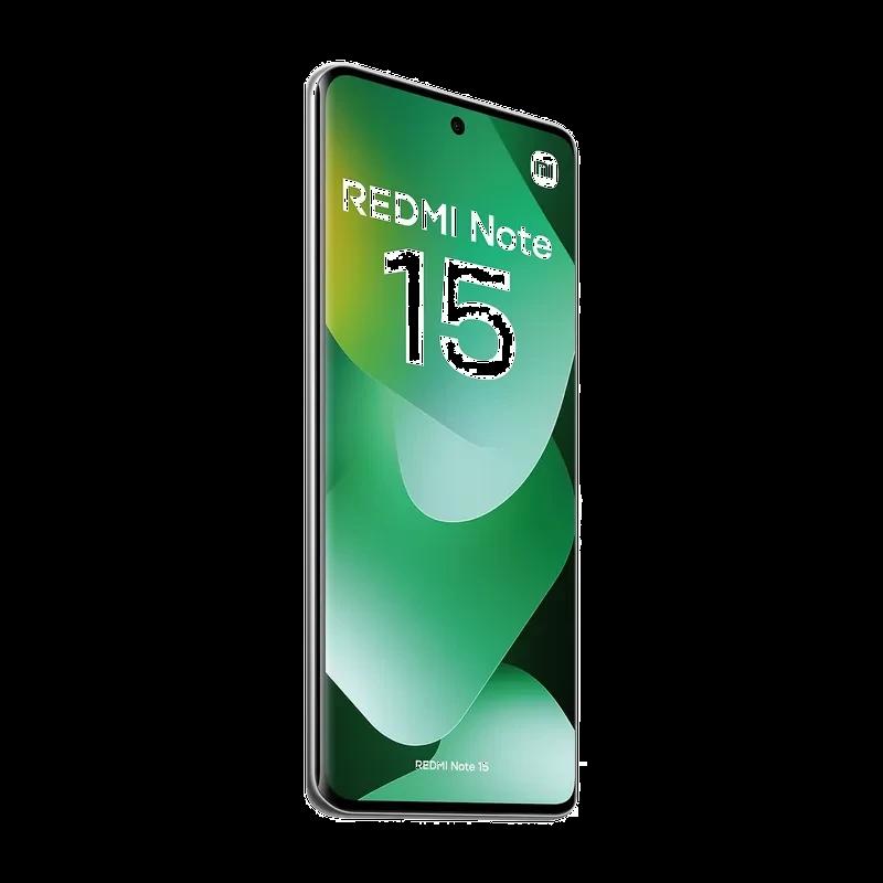 Xiaomi Redmi Note 15 4G verde com ecrã FullHD+ perfurado centralmente, bordas finas e design elegante; destaque do texto REDMI Note 15 na tela