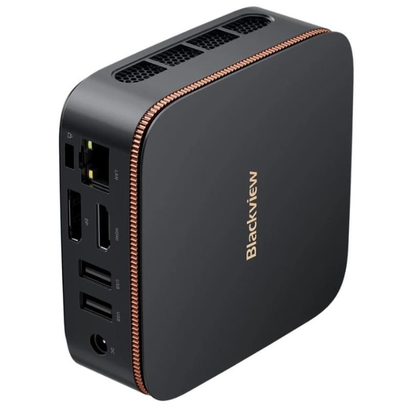 Vista a 45 grados del mini PC Blackview MP20 mostrando sus principales puertos