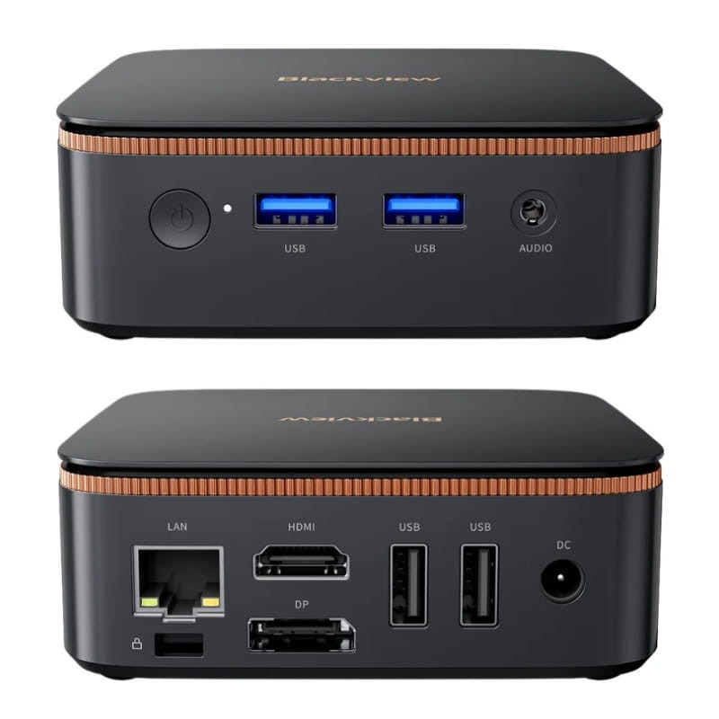 Detalle de los puertos traseros del Blackview MP20: HDMI, USB 3.0 y conexión de red RJ45