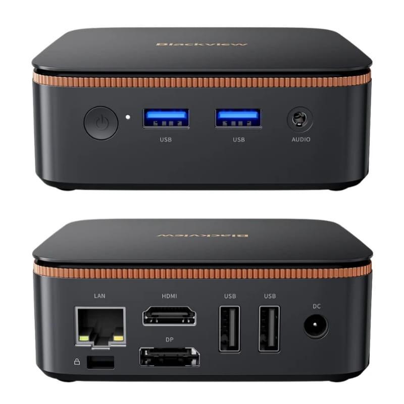 Detalle de los puertos traseros del Blackview MP20: HDMI, USB 3.0 y conexión de red RJ45