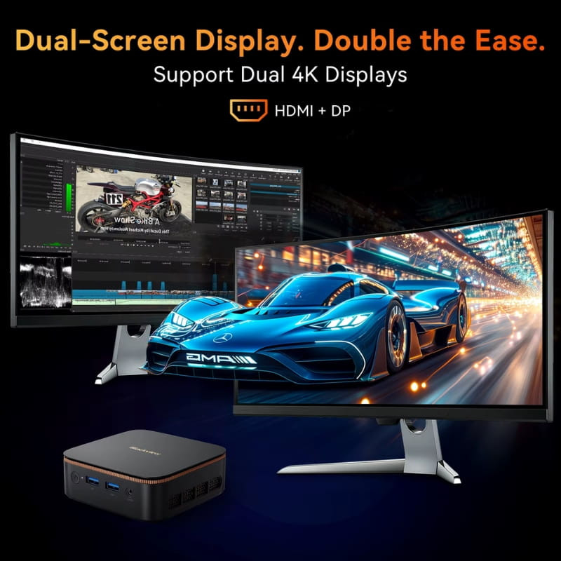 Imagen ilustrativa de la salida de vídeo doble en puertos HDMI + DP del mini PC Blackview MP20
