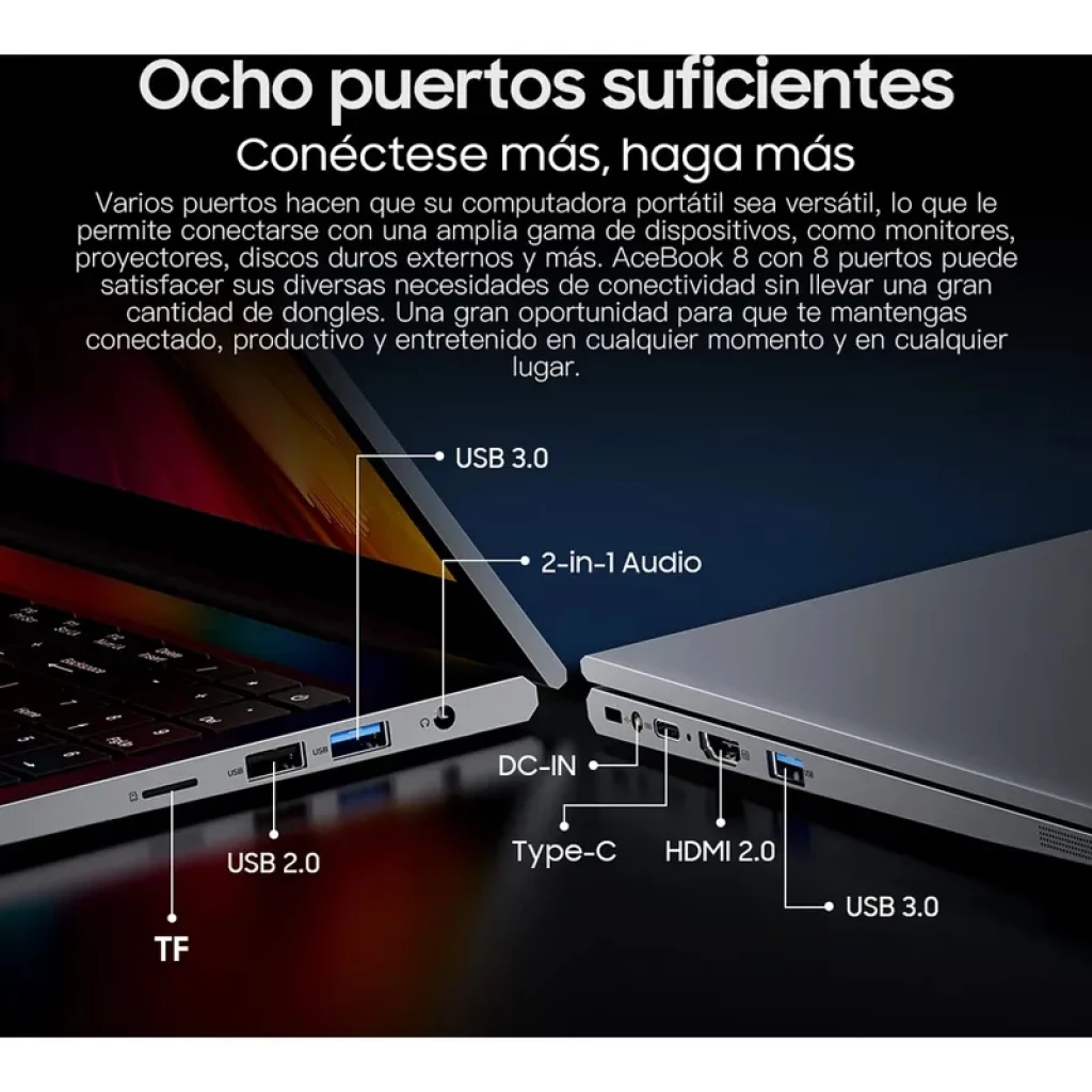 BLACKVIEW AceBook 8 con múltiples puertos: USB 2.0 y 3.0, HDMI 2.0, Type‑C, 2‑in‑1 audio, TF y DC‑IN, chasis delgado en gris y teclado retroiluminado