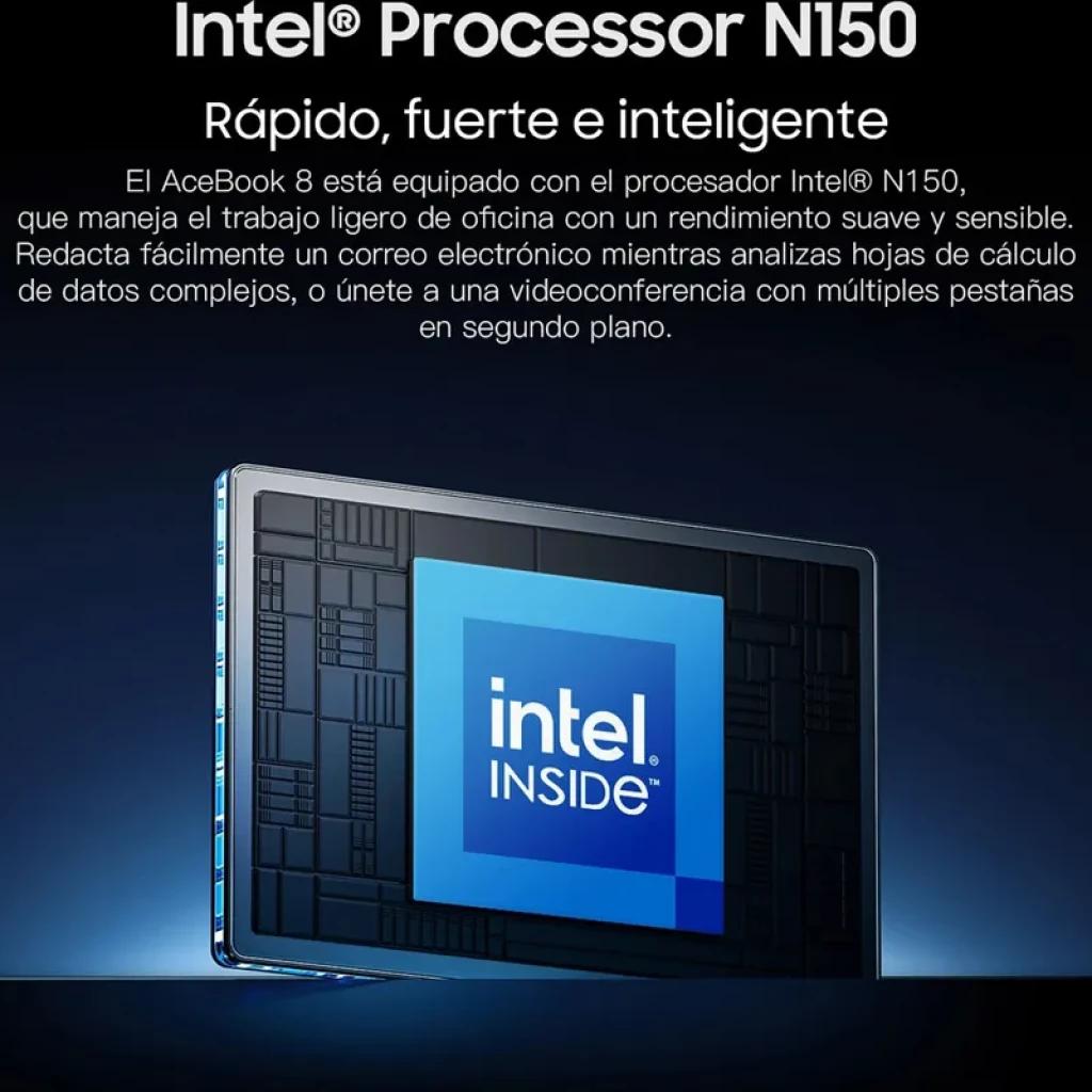 BLACKVIEW AceBook 8 con procesador Intel N150 Intel Inside en primer plano, diseño delgado con bordes metálicos y pantalla Full HD destacada