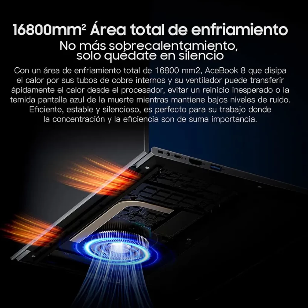 Módulo interno del BLACKVIEW AceBook 8 con batería y circuito visibles, diseño compacto y carcasa metálica en gris oscuro, iluminación azul tecnológica