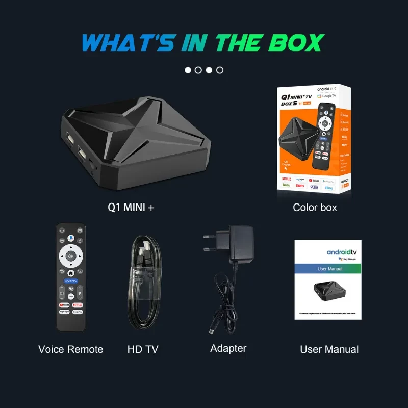 Q1 Mini+ Android TV box negro con diseño geométrico; incluye control remoto por voz, cable HDMI, adaptador de corriente, manual y caja de color