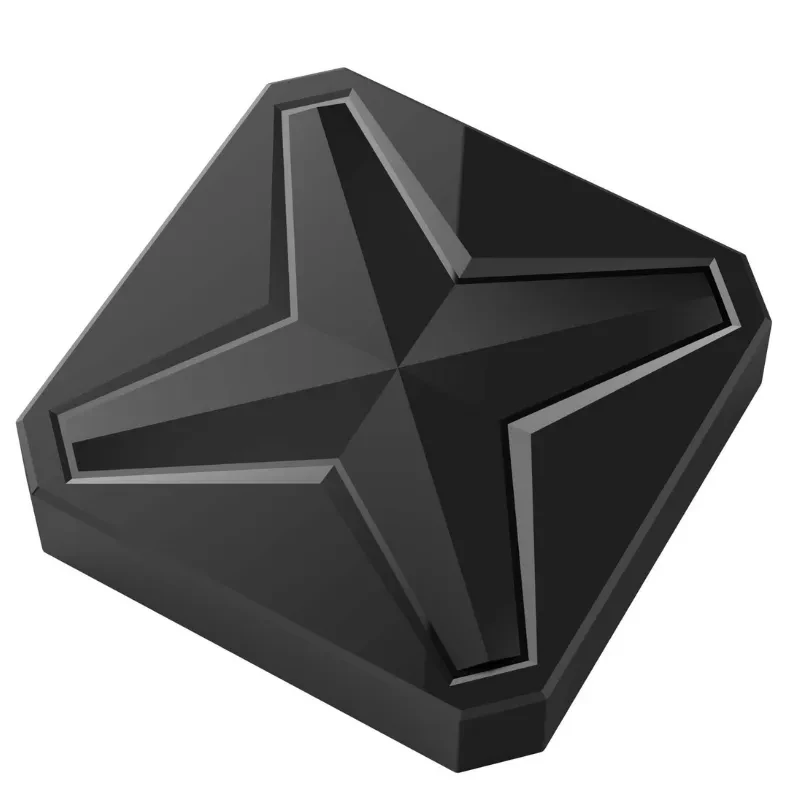 Caja TV compacta negra con diseño geométrico en X, acabado mate y bordes biselados; formato cuadrado de perfil bajo para centro multimedia doméstico