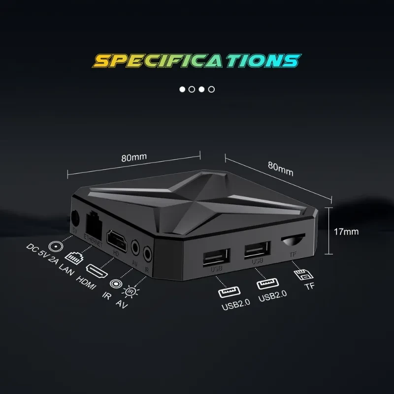 Caixa Android Q1 Mini+ RK3518 preta, 80x80x17 mm, com portas HDMI, LAN, DC 5V, AV, IR, USB2.0 dupla e slot TF, suporte 8K, 2 GB RAM e 16 GB armazenamento