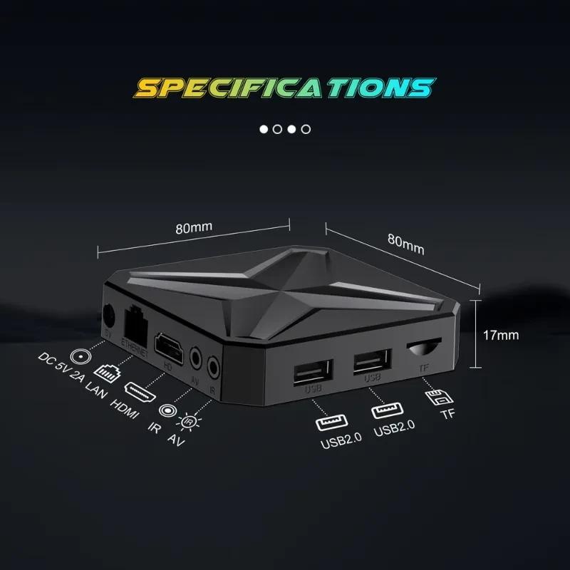 Caixa Android Q1 Mini+ RK3518 preta, 80x80x17 mm, com portas HDMI, LAN, DC 5V, AV, IR, USB2.0 dupla e slot TF, suporte 8K, 2 GB RAM e 16 GB armazenamento