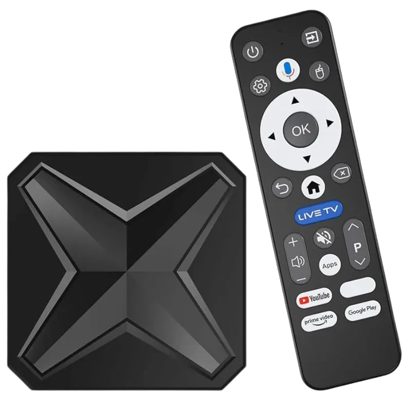 Q1 Mini+ RK3518 8K com design preto em X e controle remoto com botões de apps, microfone e navegação; compacto, 2 GB/16 GB, Android 14 para Android TV