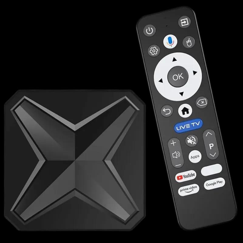 Q1 Mini+ RK3518 8K com design preto em X e controle remoto com botões de apps, microfone e navegação; compacto, 2 GB/16 GB, Android 14 para Android TV