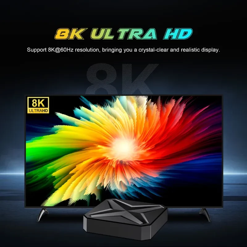 TV box Q1 Mini+ RK3518 com saída 8K a 60 Hz; design preto geométrico, Android 14, 2 GB RAM e 16 GB armazenamento, ideal para tela grande