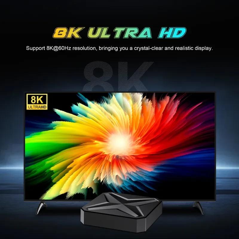 TV box Q1 Mini+ RK3518 com saída 8K a 60 Hz; design preto geométrico, Android 14, 2 GB RAM e 16 GB armazenamento, ideal para tela grande