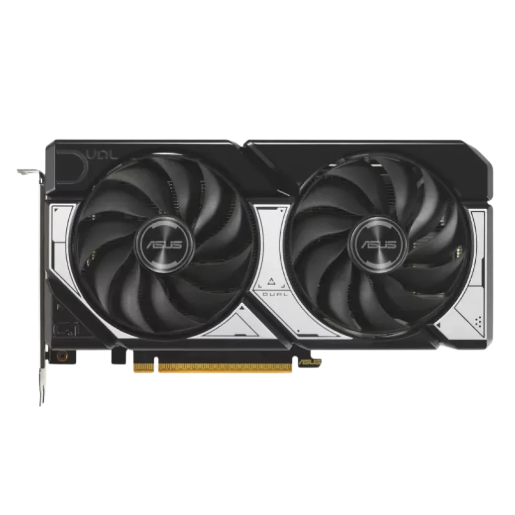 Vue de face de la carte graphique ASUS Dual RTX 5060 noire, équipée de deux grands ventilateurs et dotée d'un capot métallique noir et argenté