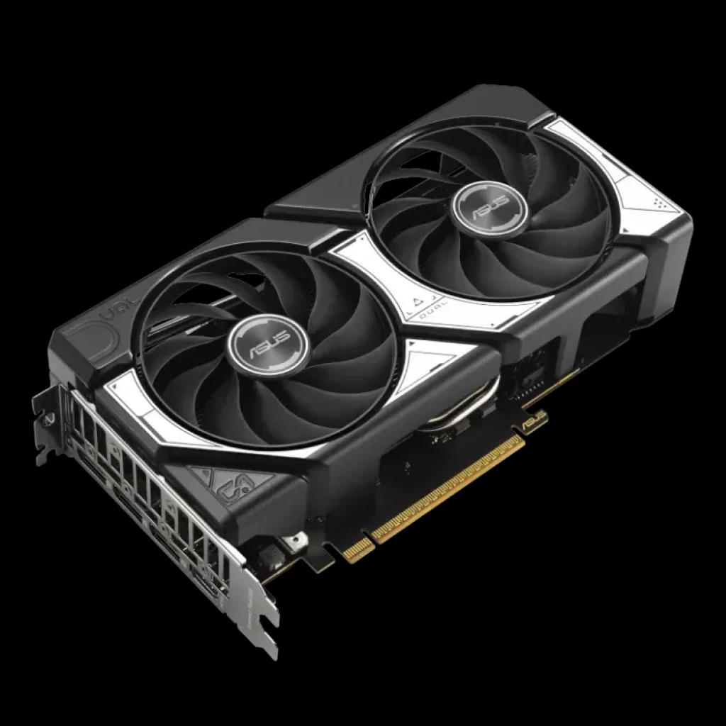 Vue à 45 degrés de la carte ASUS Dual RTX5060-O8G, équipée de deux grands ventilateurs, d'un boîtier noir et gris, d'une plaque arrière métallique et d'un connecteur PCIe doré