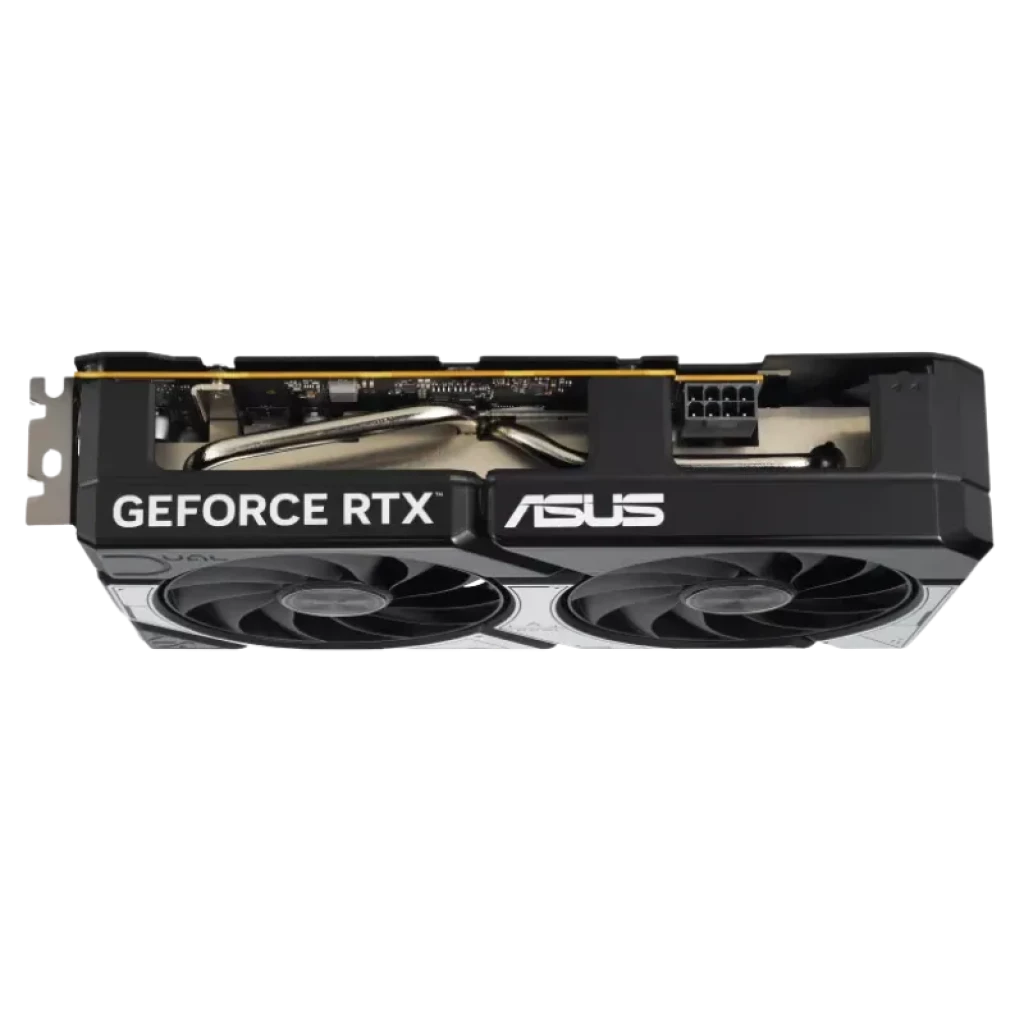 ASUS Dual RTX 5060, boîtier noir avec logos GeForce RTX et ASUS sur le côté, connecteur d'alimentation à 8 broches