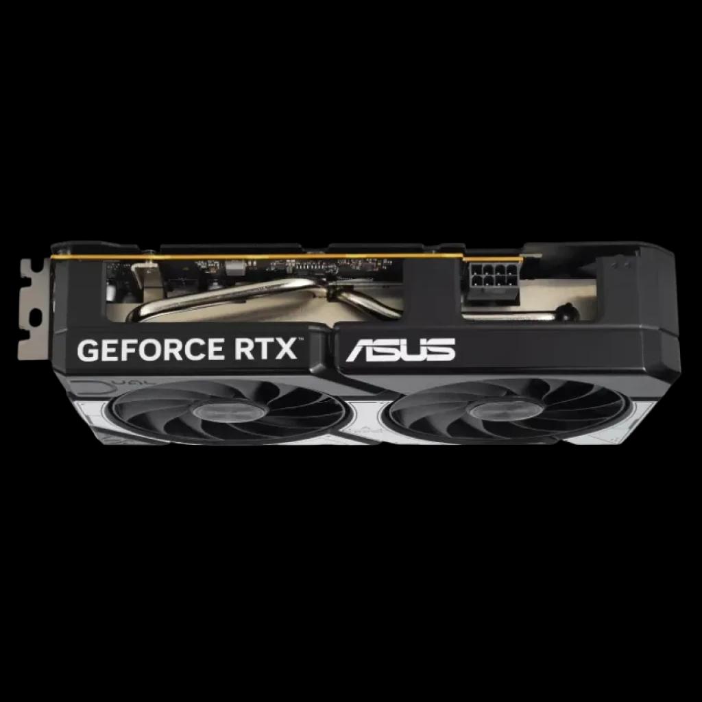 ASUS Dual RTX 5060, boîtier noir avec logos GeForce RTX et ASUS sur le côté, connecteur d'alimentation à 8 broches