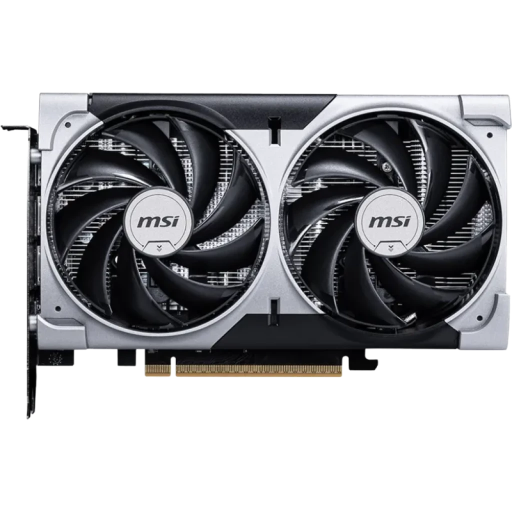 Tarjeta gráfica MSI GeForce RTX 5060 8G VENTUS 2X OC con doble ventilador negro y plateado, cubierta metálica, diseño compacto y conector PCIe visible