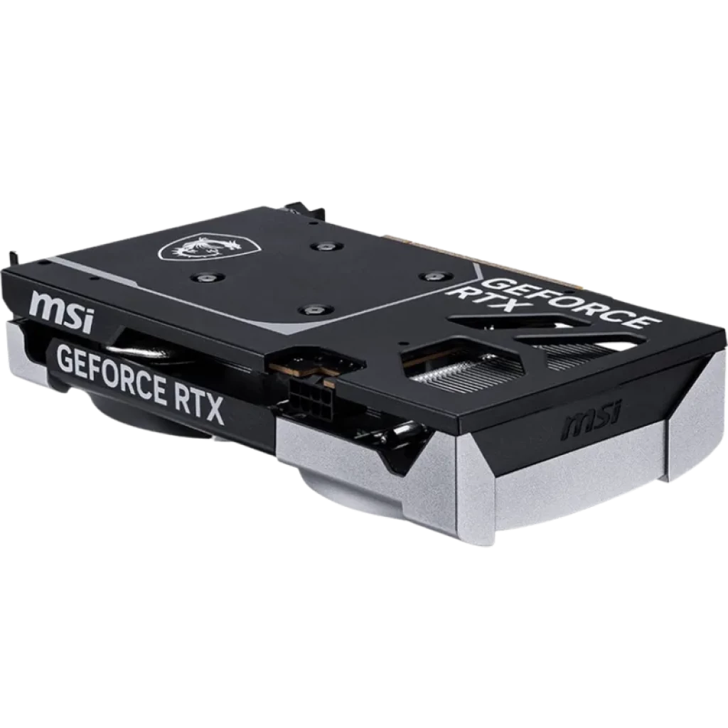 Tarjeta gráfica MSI GeForce RTX 5060 8G VENTUS 2X OC negra con doble ventilador, backplate metálico y diseño compacto; 8 GB GDDR7 visible en PCB