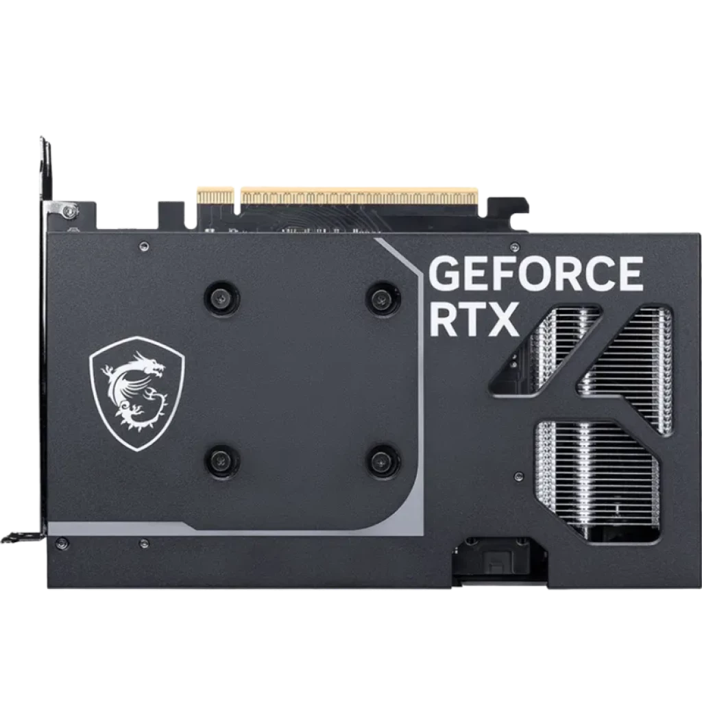 Tarjeta gráfica MSI GeForce RTX 5060 8G VENTUS 2X OC con backplate negro, logo del dragón, ranuras de ventilación y conector PCIe dorado visible