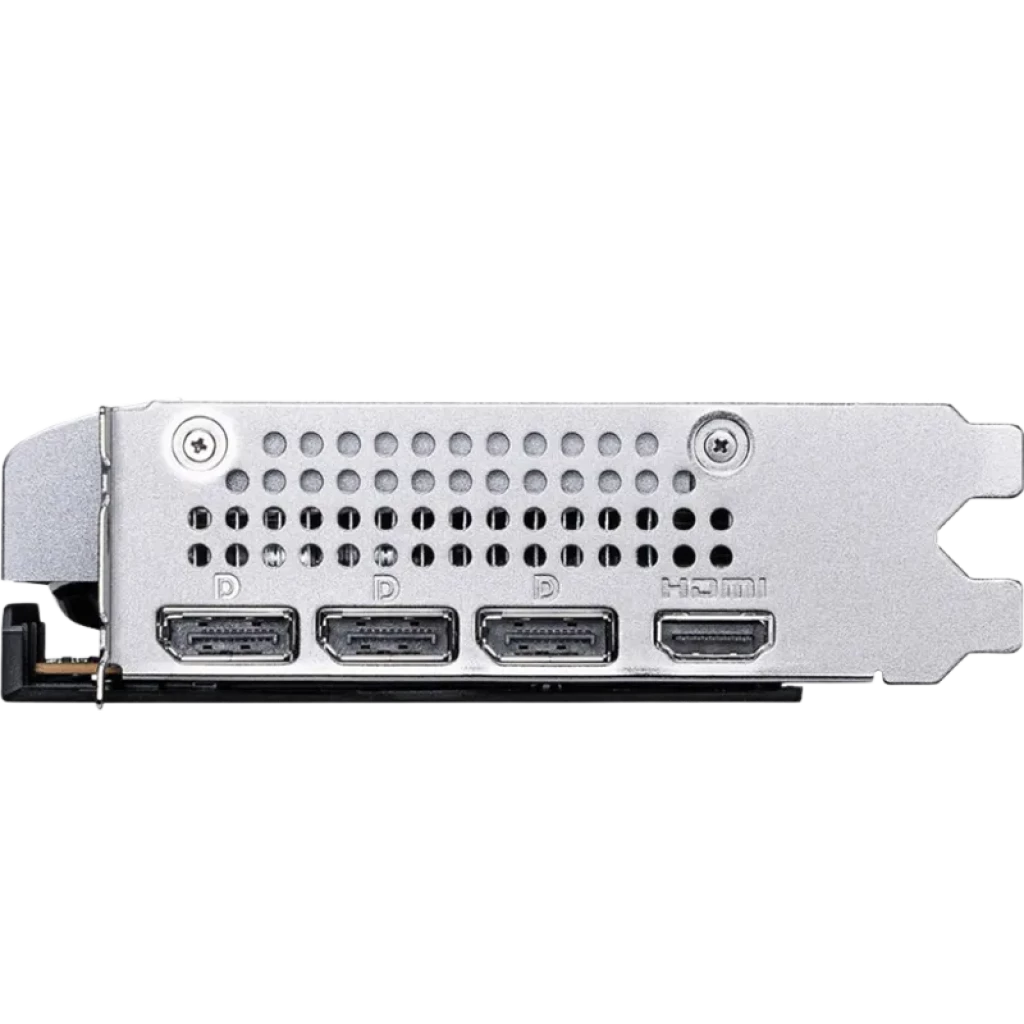 Panel trasero de la MSI GeForce RTX 5060 8G VENTUS 2X OC con tres puertos DisplayPort y un puerto HDMI en acabado metálico perforado para ventilación