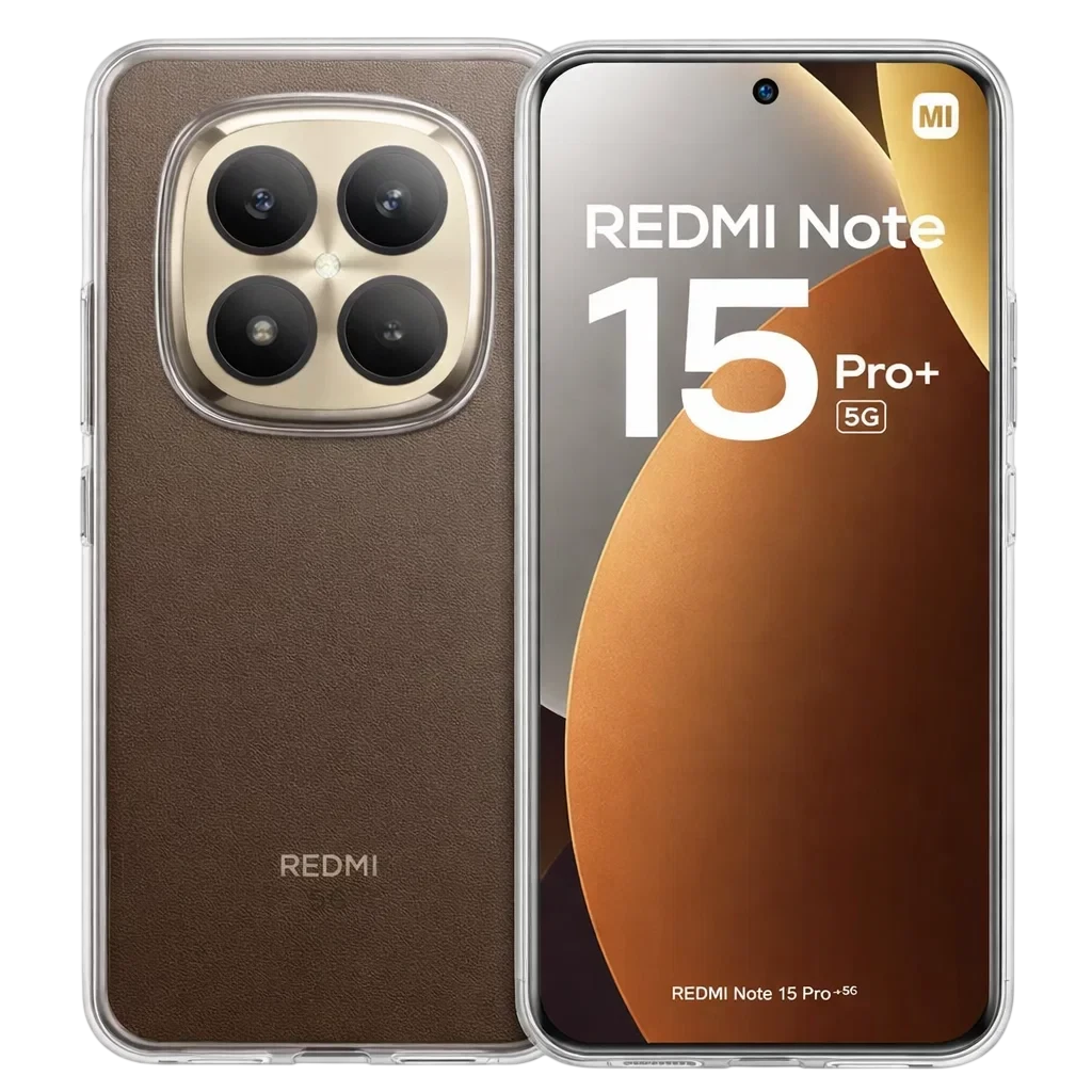 Funda de silicona transparente para Redmi Note 15 Pro Plus con refuerzo en esquinas, bordes elevados y compatibilidad 5G; muestra cámara triple y frontal