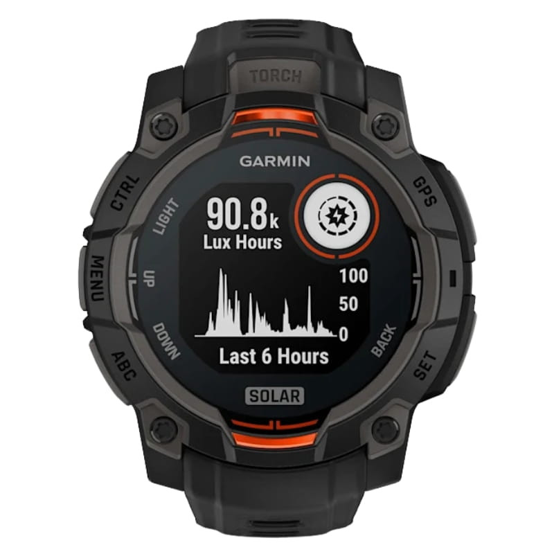 Reloj Garmin Instinct 3 45 mm negro con correa de silicona, bisel robusto, detalles naranjas, pantalla monocroma con métricas solares y botones laterales