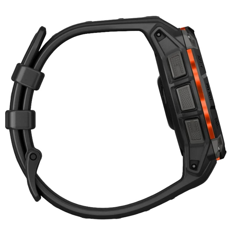 Reloj Garmin Instinct 3 Solar 45 mm negro con bisel naranja, correa de silicona negra y tres botones laterales. Diseño robusto y deportivo GPS multibanda