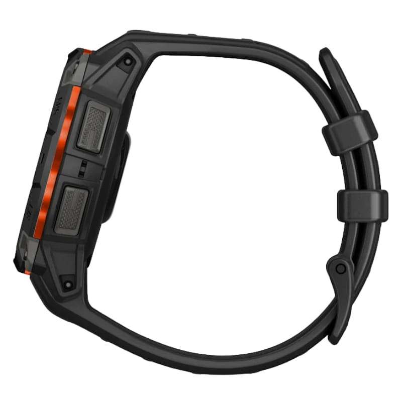 Garmin Instinct 3 45 mm Solar negro con correa de silicona negra; vista lateral con botones texturizados y aro naranja, diseño robusto GPS multibanda