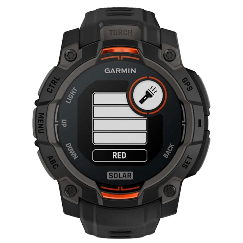 Garmin Instinct 3 45 mm Solar negro, correa de silicona negra. Pantalla circular con indicadores en rojo y botones laterales rotulados para control GPS.