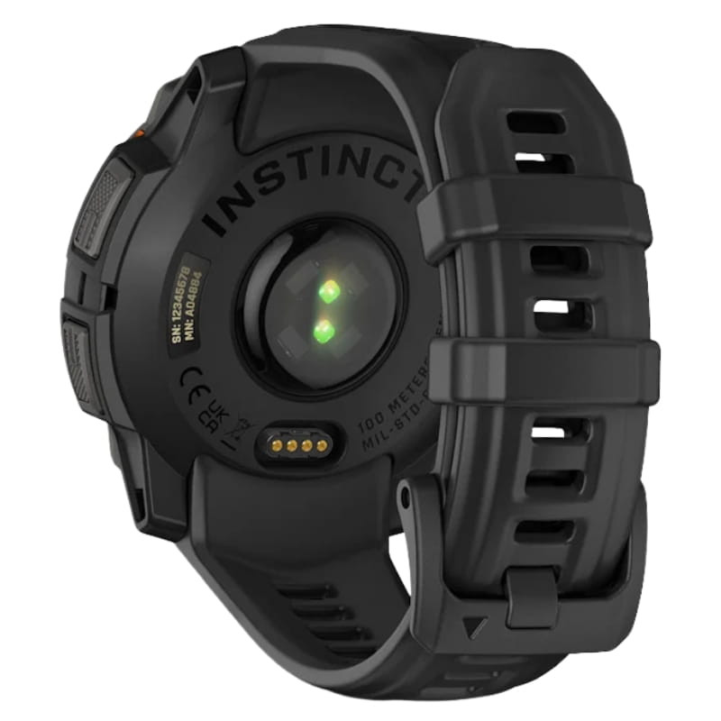 Parte trasera del Garmin Instinct 3 45 mm Solar Negro con sensor óptico verde, carcasa robusta negra y correa de silicona negra con hebilla y ranuras