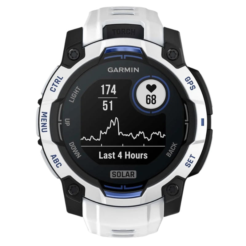 Garmin Instinct 3 45mm Solar en blanco, correa de silicona blanca, linterna incorporada, diseño robusto con bisel texturizado y pantalla legible outdoors