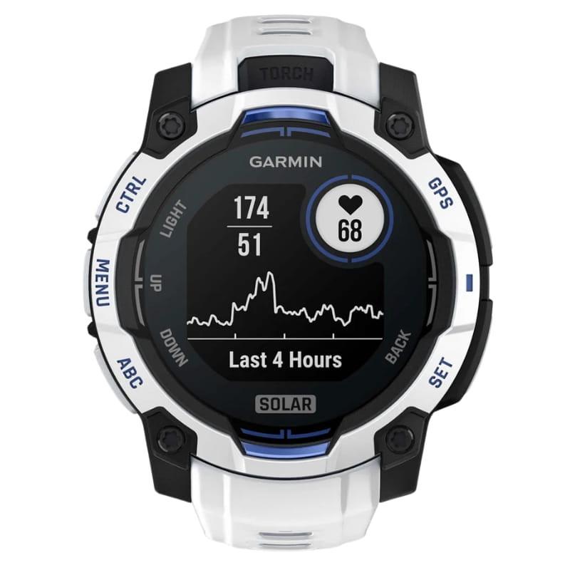 Garmin Instinct 3 45mm Solar en blanco, correa de silicona blanca, linterna incorporada, diseño robusto con bisel texturizado y pantalla legible outdoors