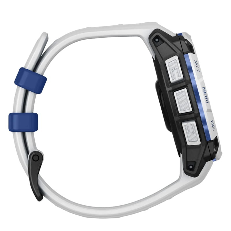 Garmin Instinct 3 45 mm Solar blanco con correa de silicona blanca, linterna integrada, bisel robusto negro y blanco, pantalla con métricas cardiacas