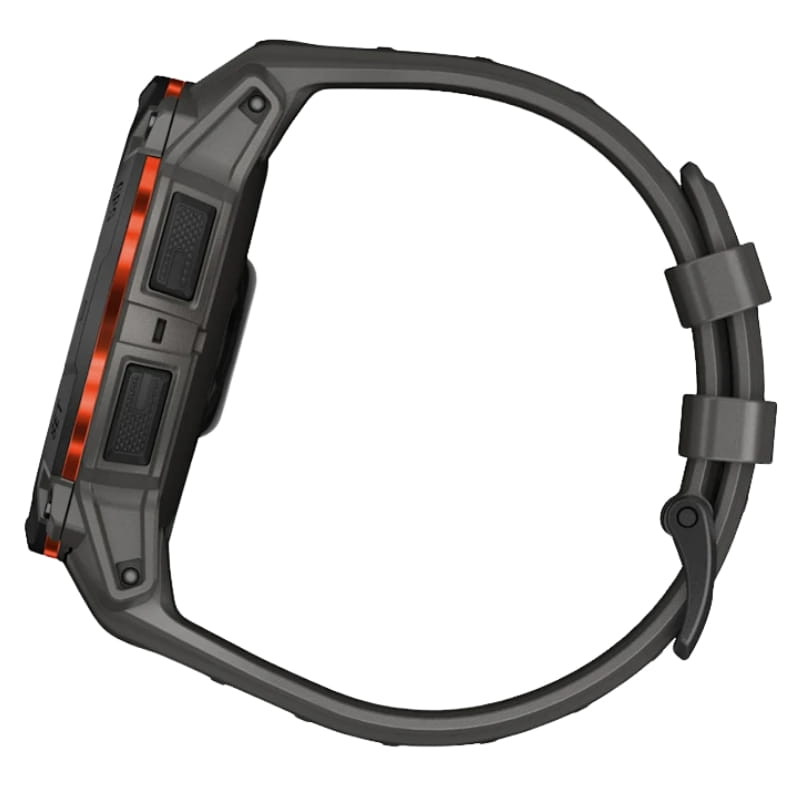 Reloj Garmin Instinct 3 50mm Solar negro, bisel con acento naranja, caja robusta, dos botones laterales, correa de silicona carbón con doble hebilla